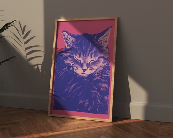 Cute Kitten Illustration Pink Wall Art Cat Lover Gift Trendy