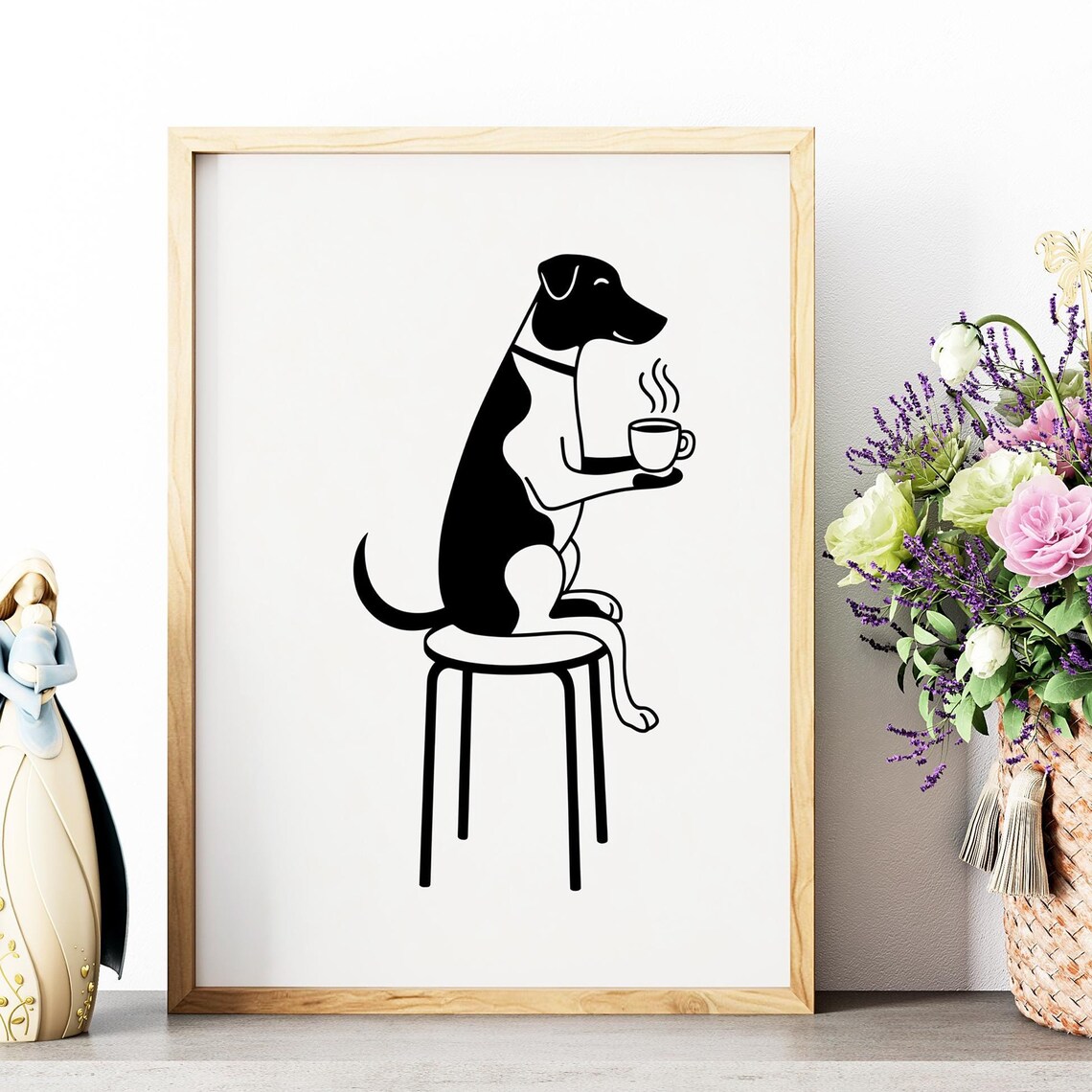 Dog Drinking Coffee Minimalist Line Art Funny Dog Lover Wall Art