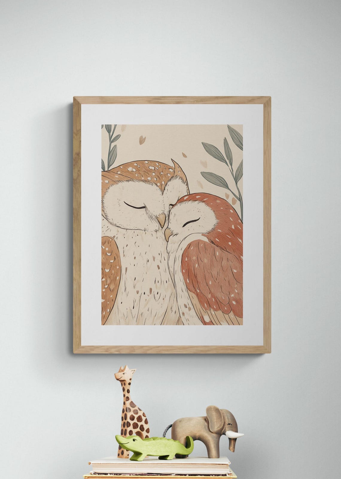 Cuddling Owls Sleeping Pair Warm Brown Cozy Nursery Wall Art Poster