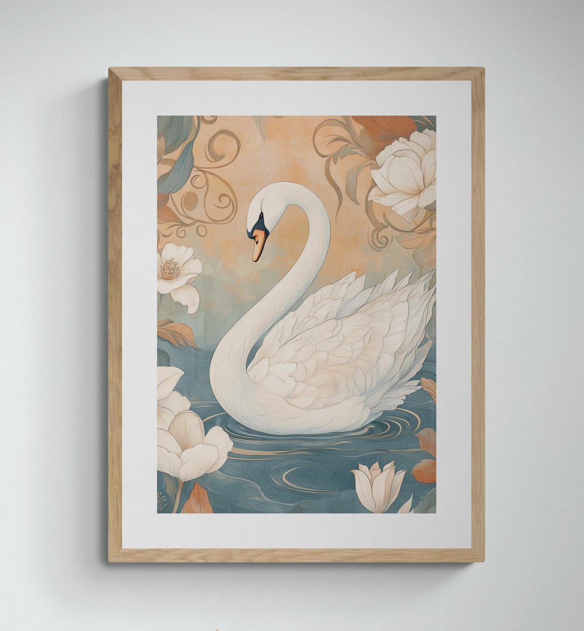 Art Nouveau White Swan On Blue Water Lotus Flowers Elegant Wall Art