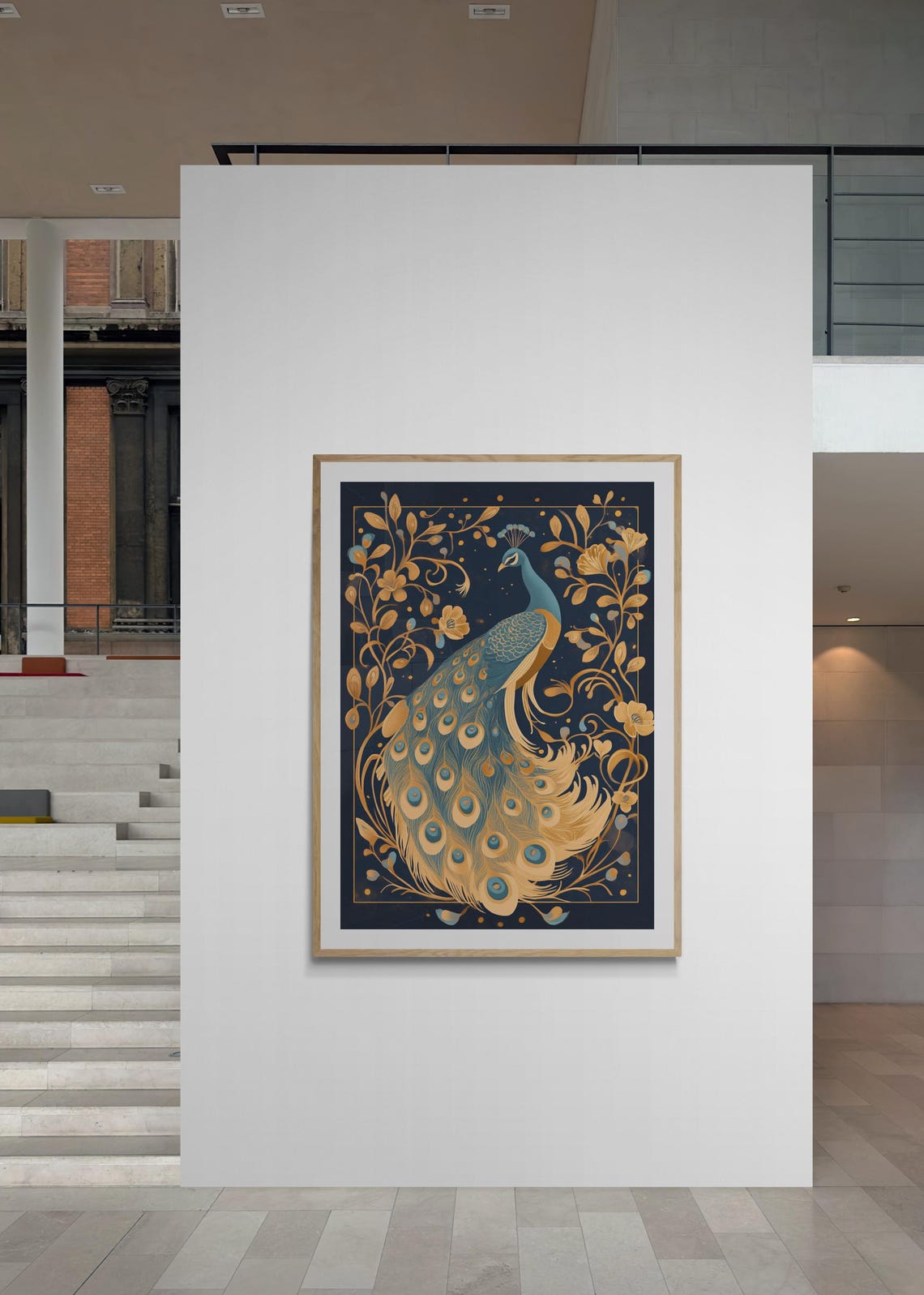 Art Nouveau Peacock Gold Navy Plumage Ornate Floral Dark Wall Art - Image 2