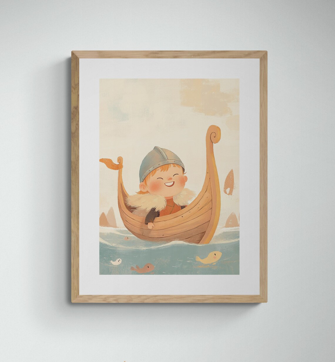Playful Viking Child Sailing Wooden Drakkar Cute Nordic Kids Art Print