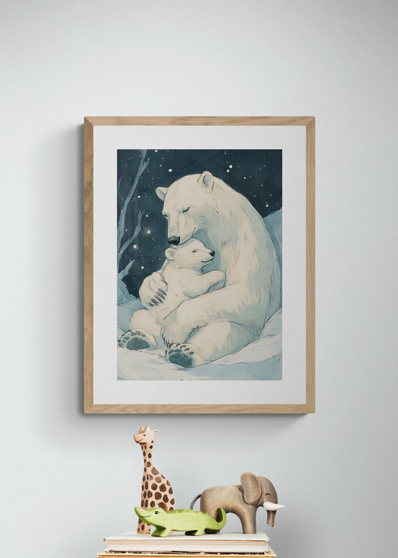 Polar Bear Mother Baby Hugging Starry Winter Night Nursery Wall Art Print
