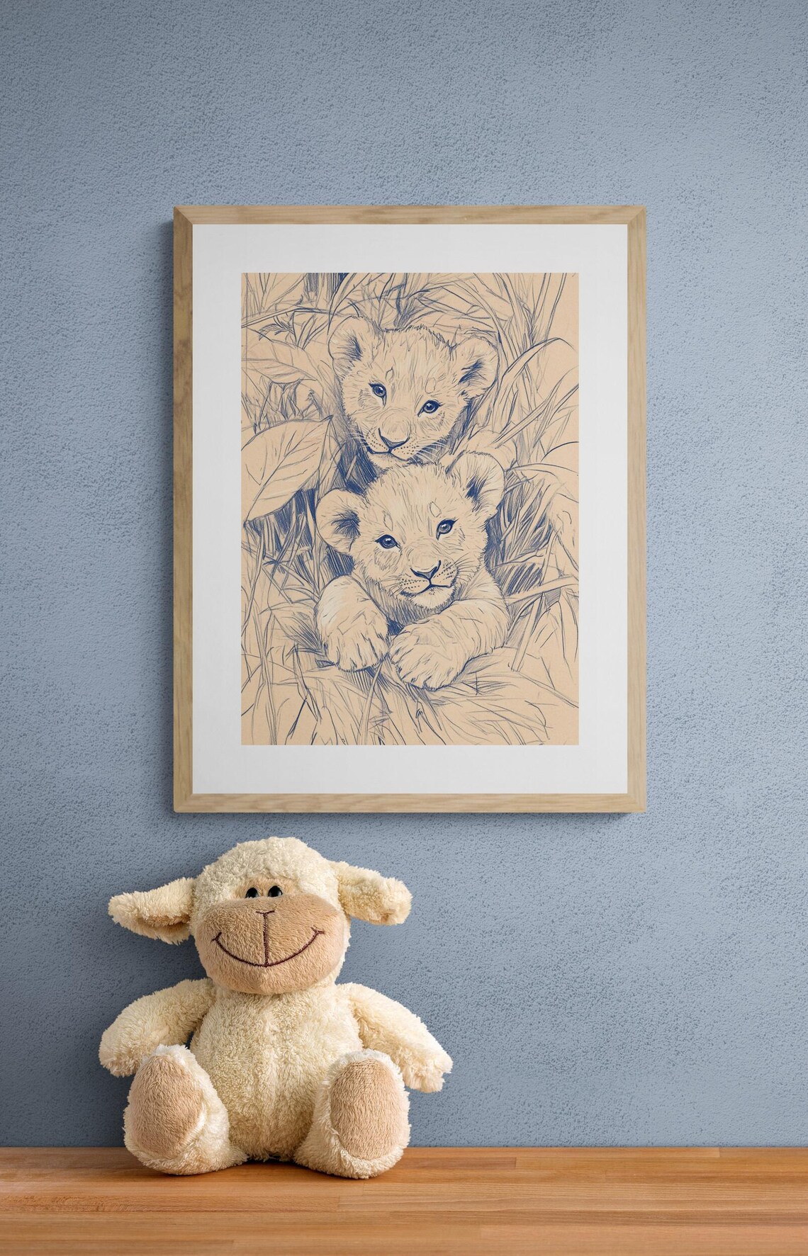 Two Lion Cubs Sketch Adorable Baby Lions Savanna Grass Nursery Wall Art Print - Image 2