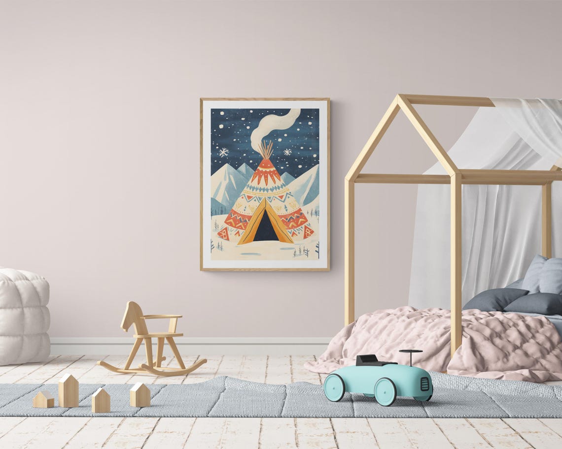 Sami Lavvu Nordic Winter Tent Snowy Mountains Night Sky Art Poster - Image 3