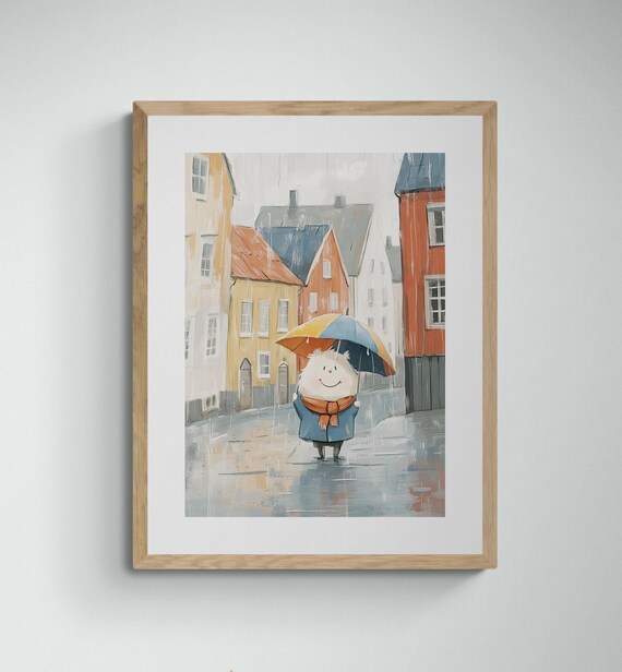 Norwegian Troll With Umbrella Rainy Bryggen Street Night Wall Art