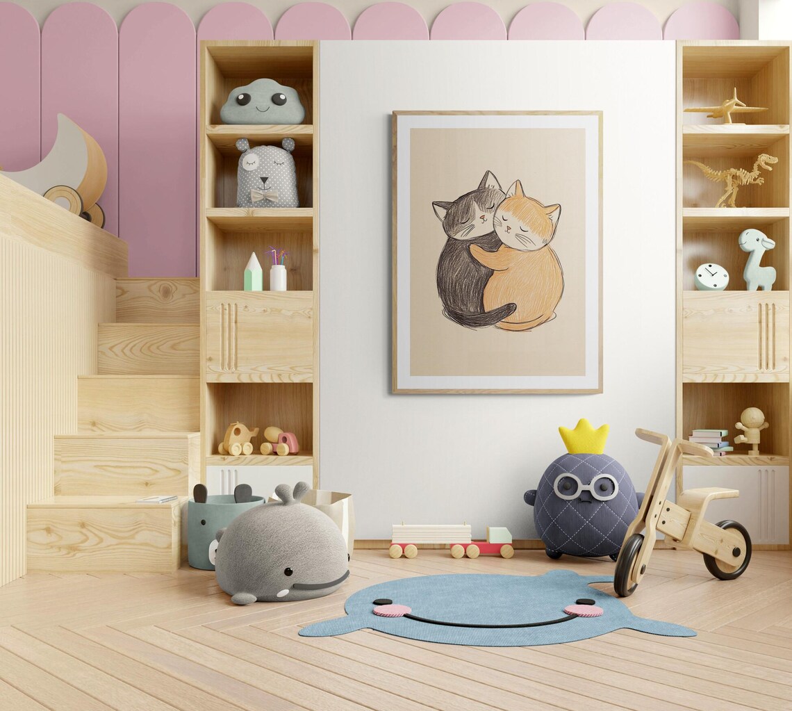 Two Cats Hugging Sweet Embrace Colored Pencil Cozy Nursery Wall Art Print - Image 3