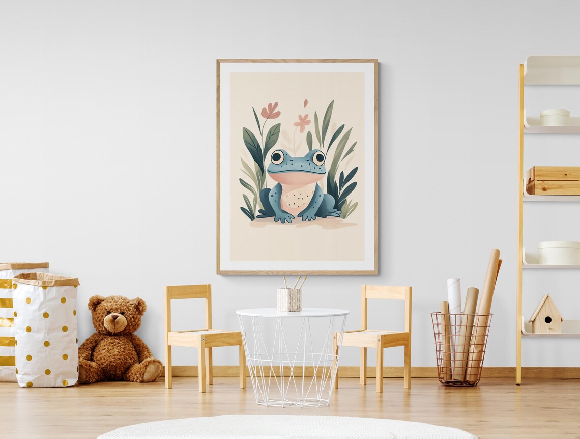 Cute Blue Frog Sitting Among Leaves Storybook Kids Room Wall Art Poster - Image 3