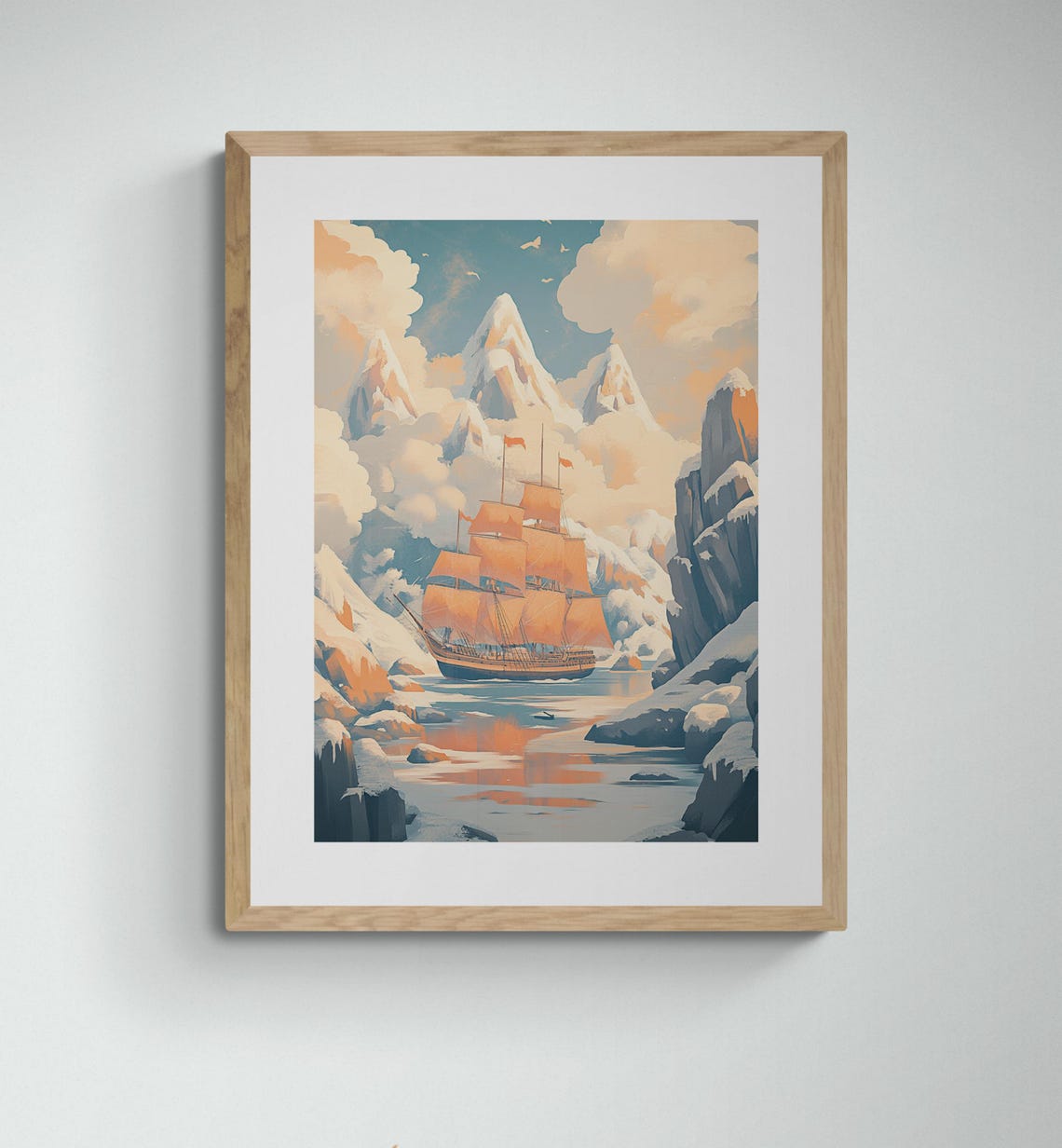 Arctic Sailing Ship Orange Sails Icy Fjord Mountains Adventure Poster