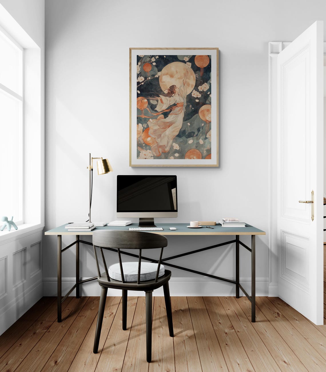 Celestial Hanfu Girl Wall Art Moonlit Dance Watercolor Print For Elegant Home Office Decor - Image 2