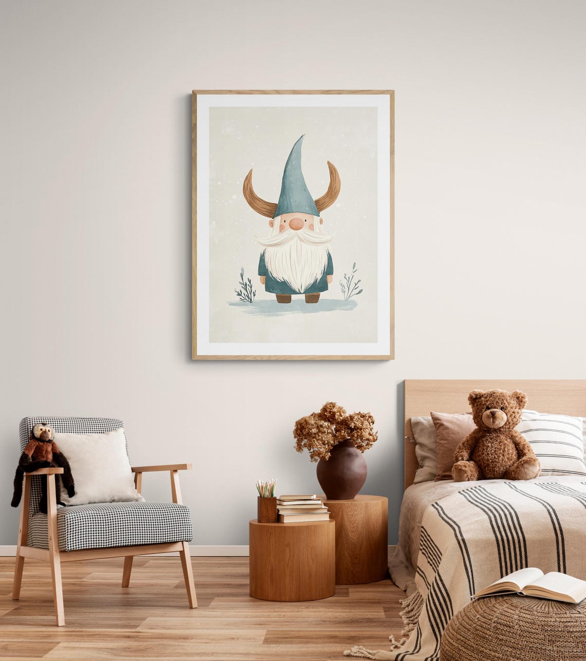 Cute Viking Gnome With Horned Hat Long Beard Nordic Kids Wall Art - Image 4