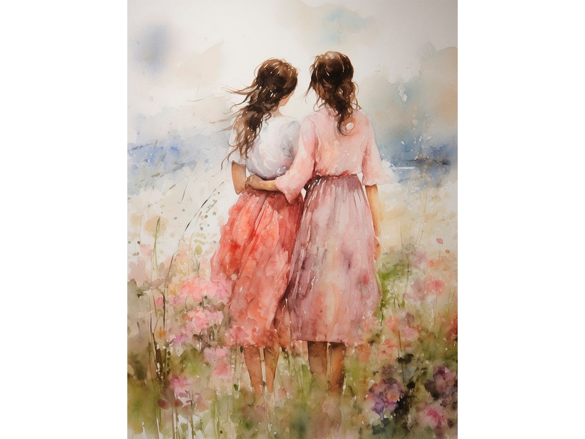 Sisters Watercolor Portrait Art Print, Family Decor