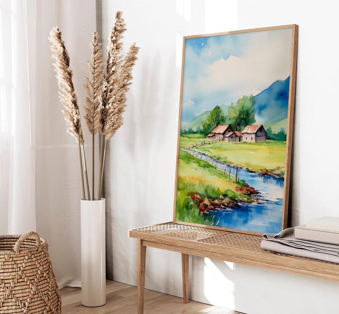 Colorado Countryside Barn Stream Mountain Landscape Watercolor Poster - Image 2