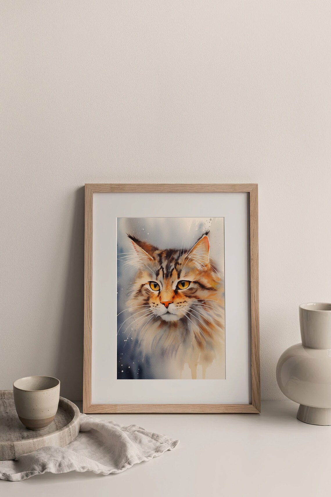 Cat Portrait Watercolor Long Haired Tabby Amber Eyes Pet Art Poster - Image 2