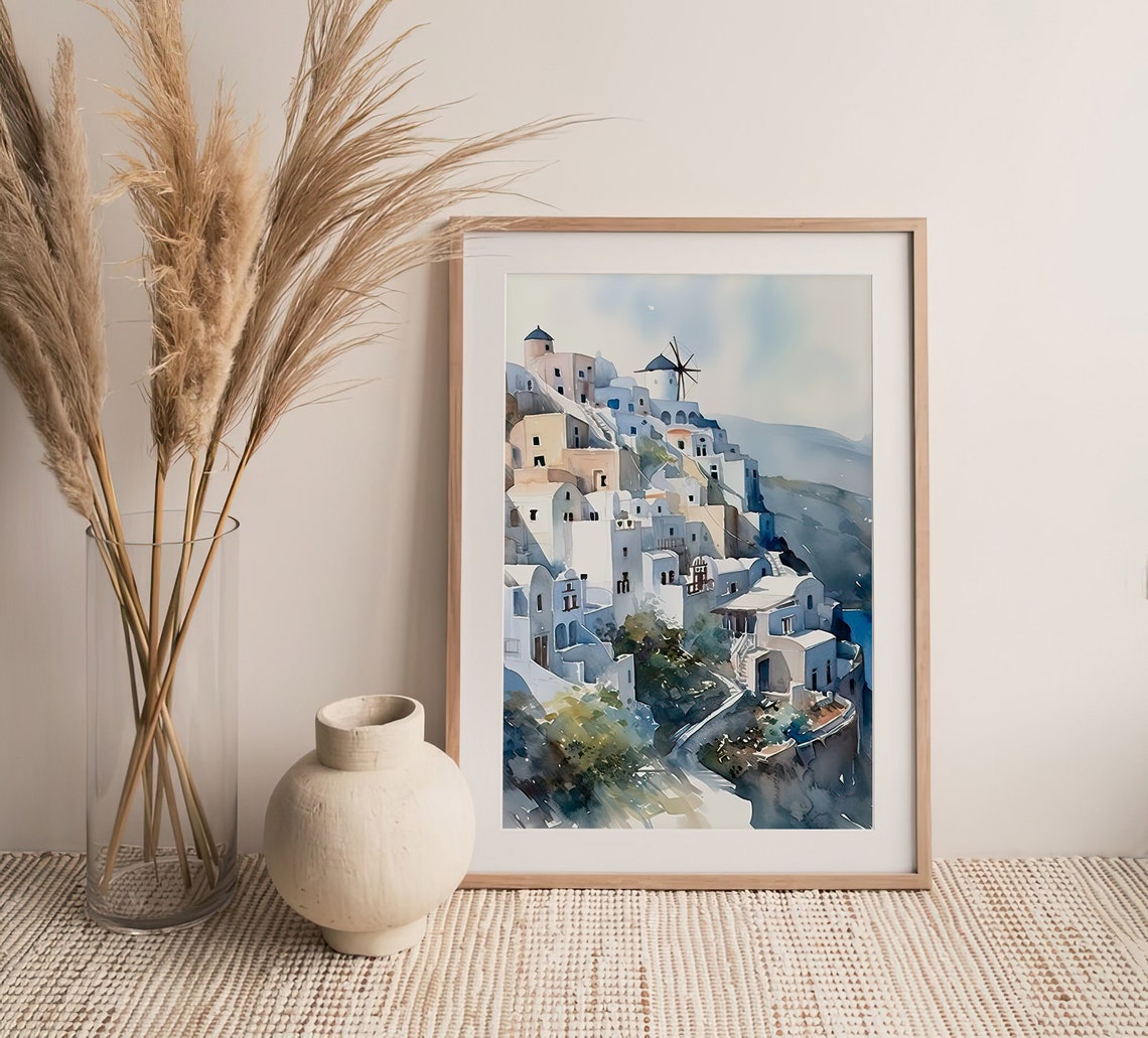 Mykonos Greece Whitewashed Village Windmill Watercolor Travel Poster - Image 5