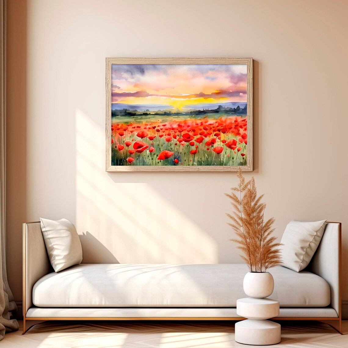 Poppy Meadow Landscape Watercolor Art Print, Tuscany - Image 2