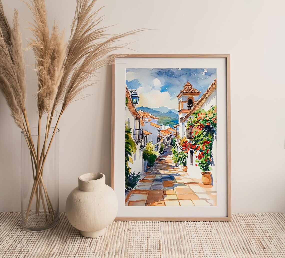 Granada Spain White Village Street Bell Tower Watercolor Travel Poster - Image 4
