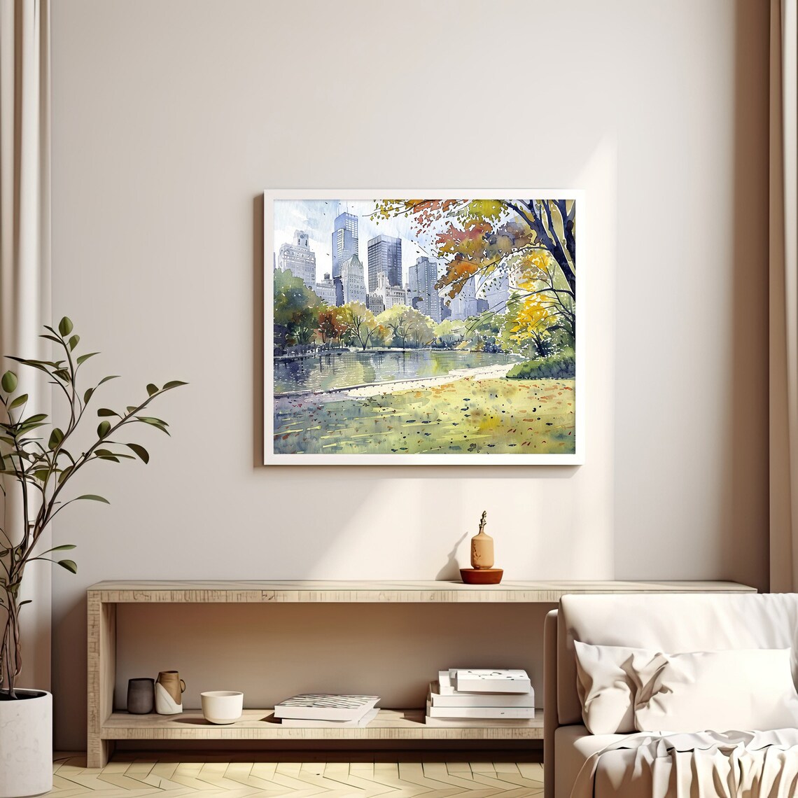 Stunning Central Park Autumn New York City Skyline Watercolor Poster - Image 3