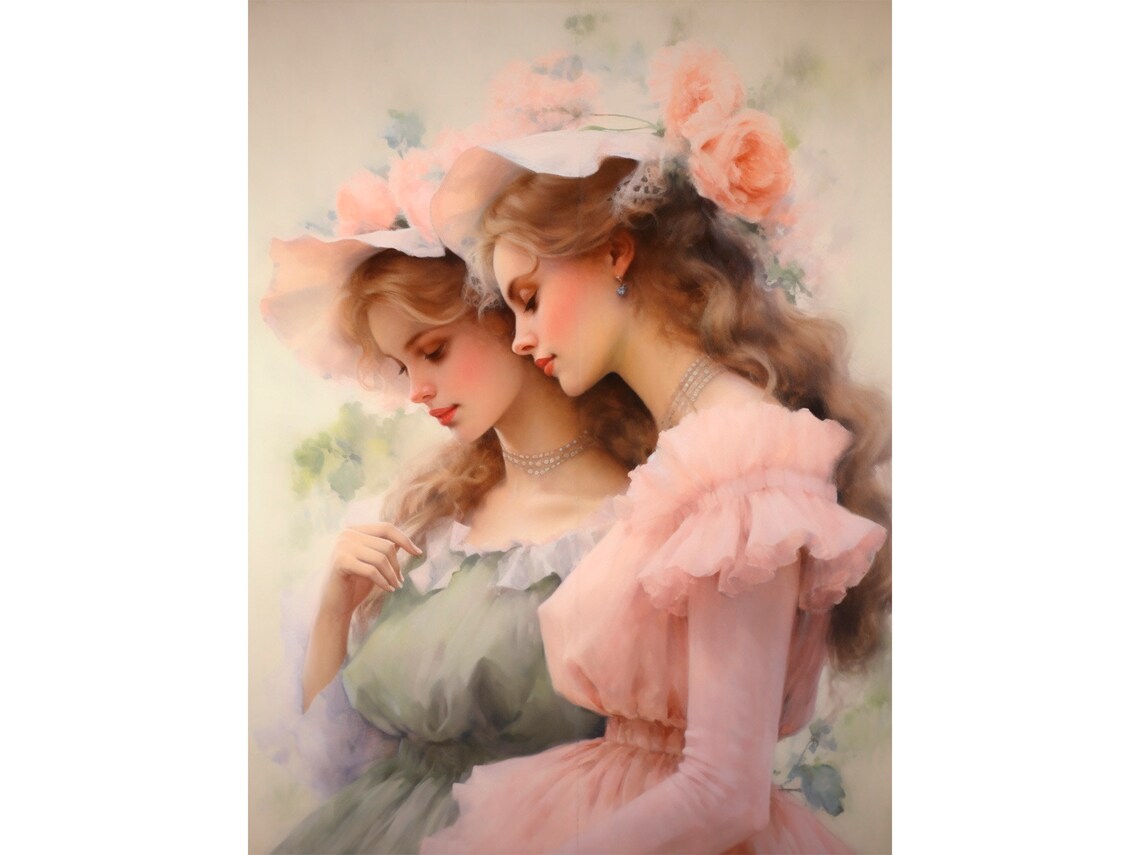 Two Sisters Romantic Portrait Vintage Dresses Floral Hats Art Poster