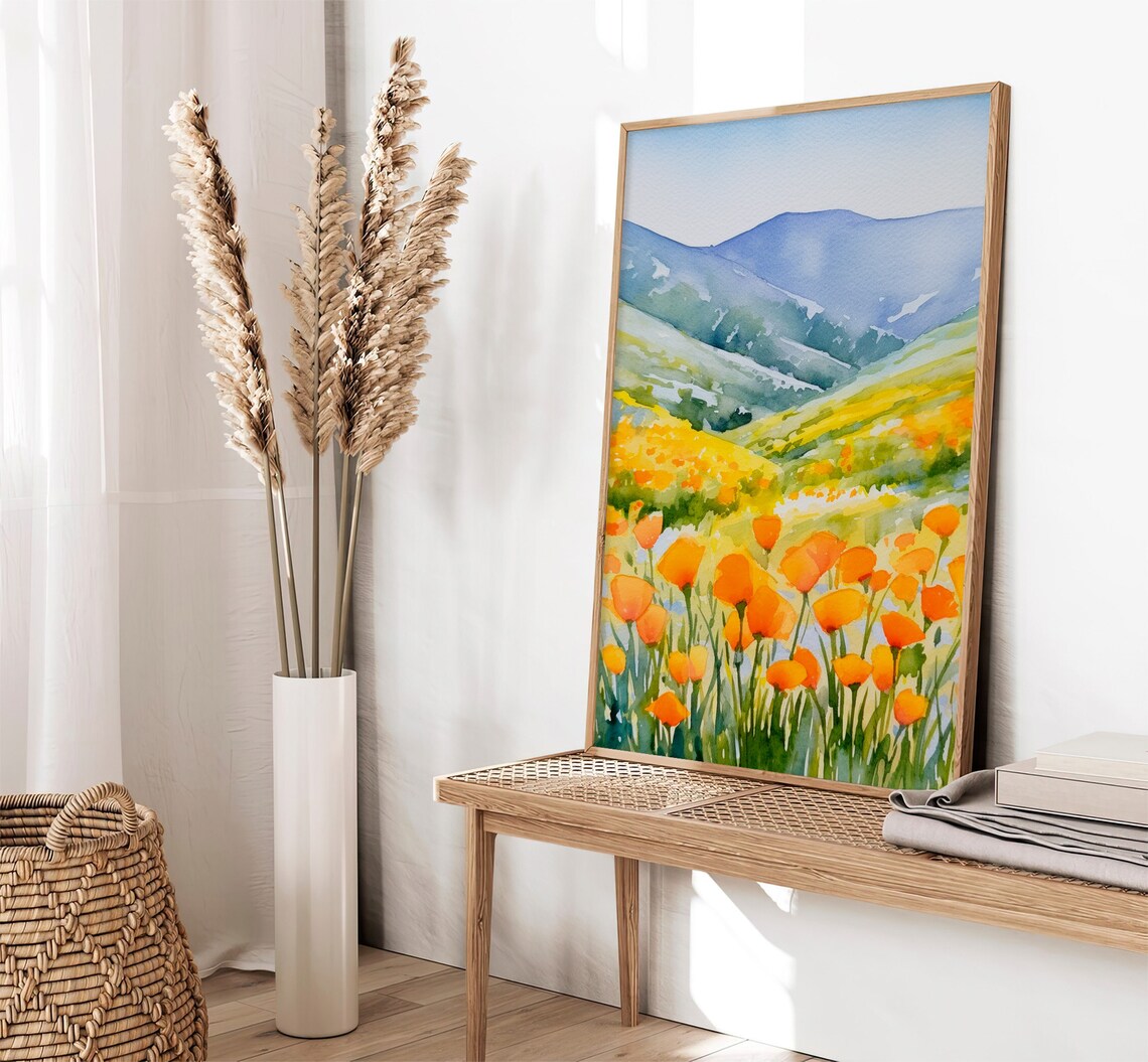 California Poppies Watercolor Art Print, Landscape - Image 2