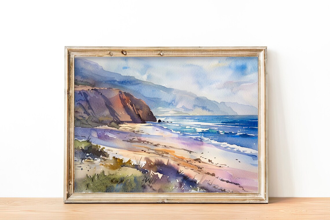 California Coastline Sandy Beach Rocky Cliffs Surf Watercolor Beach Poster