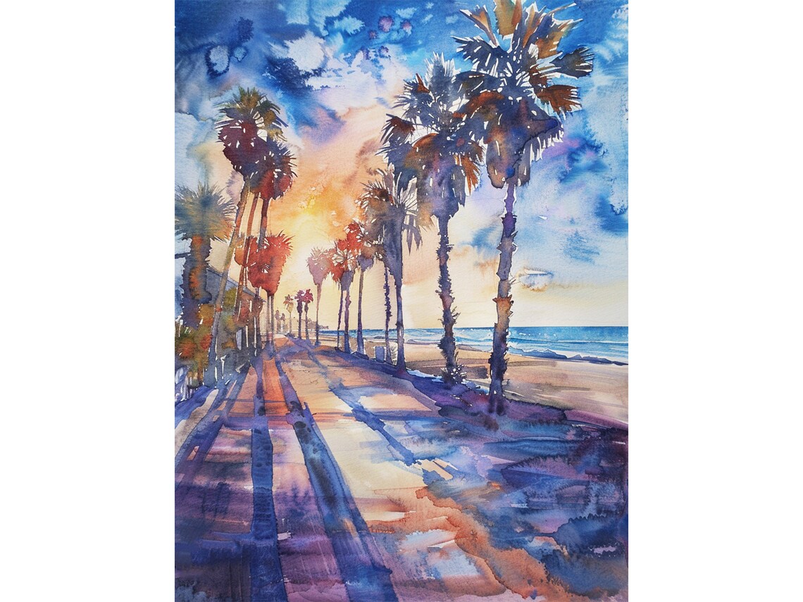 Santa Monica Watercolor Art Print, California Beach