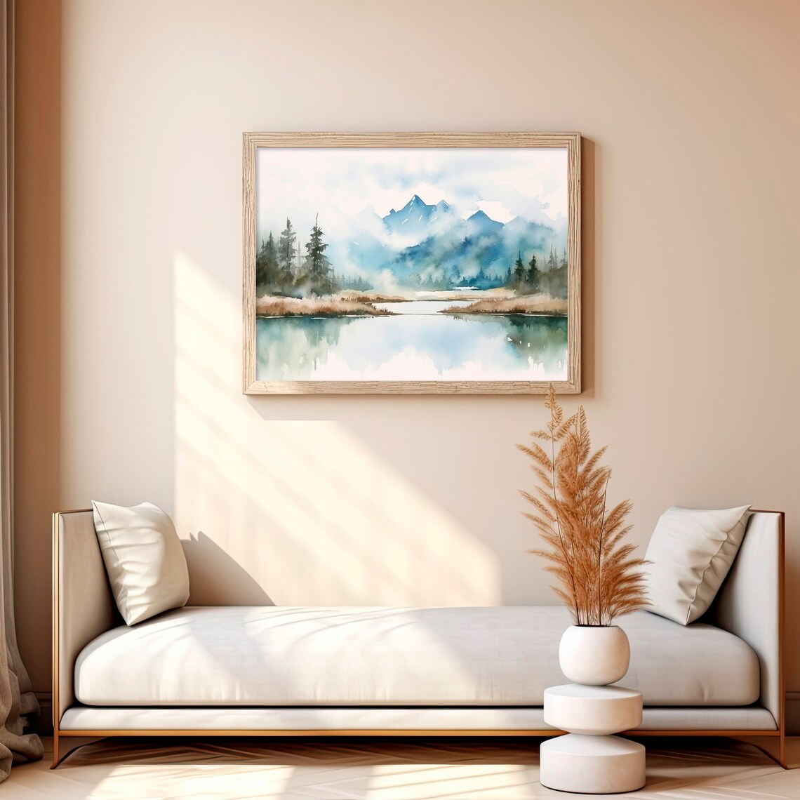 Foggy Rocky Mountain Lake Mist Blue Watercolor Landscape Art Print - Image 2