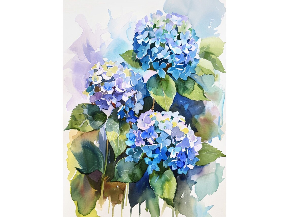 Blue Hydrangea Blooms Watercolor Floral Botanical Art Poster