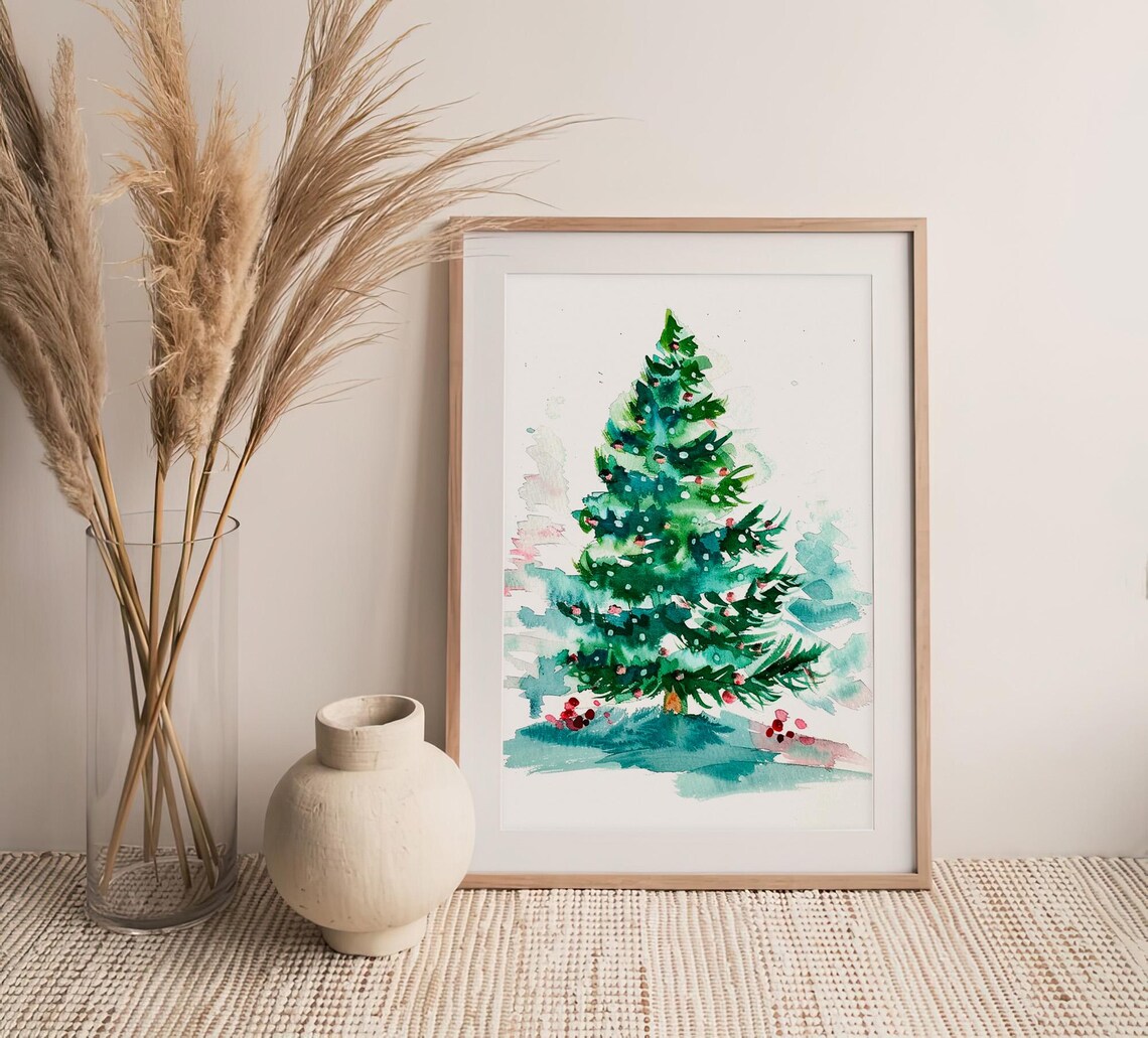 Christmas Pine Tree Snow Watercolor Holiday Winter Decor Wall Art - Image 4