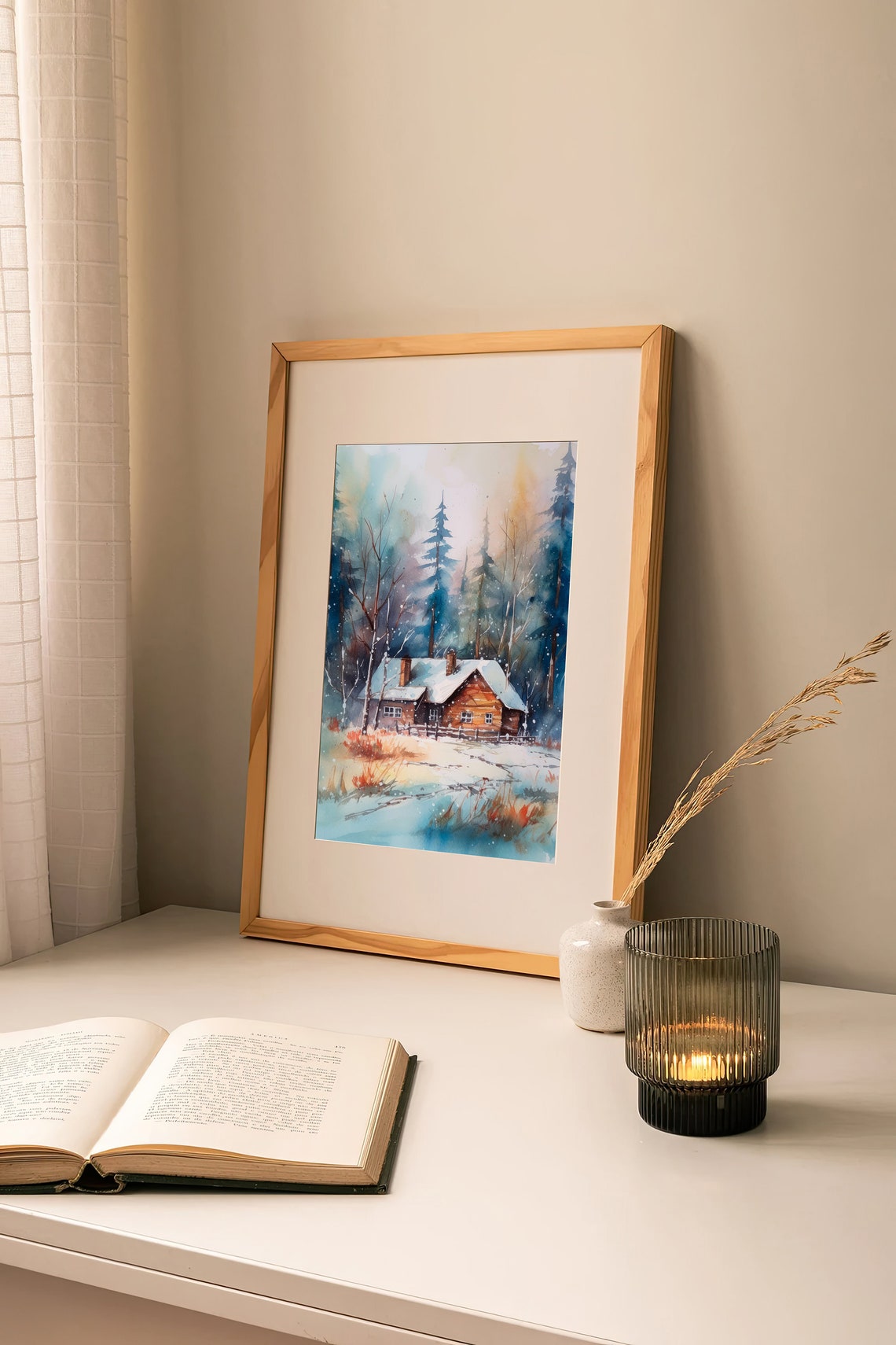 Snowy Winter Cabin Watercolor Forest Log House Landscape Poster - Image 2