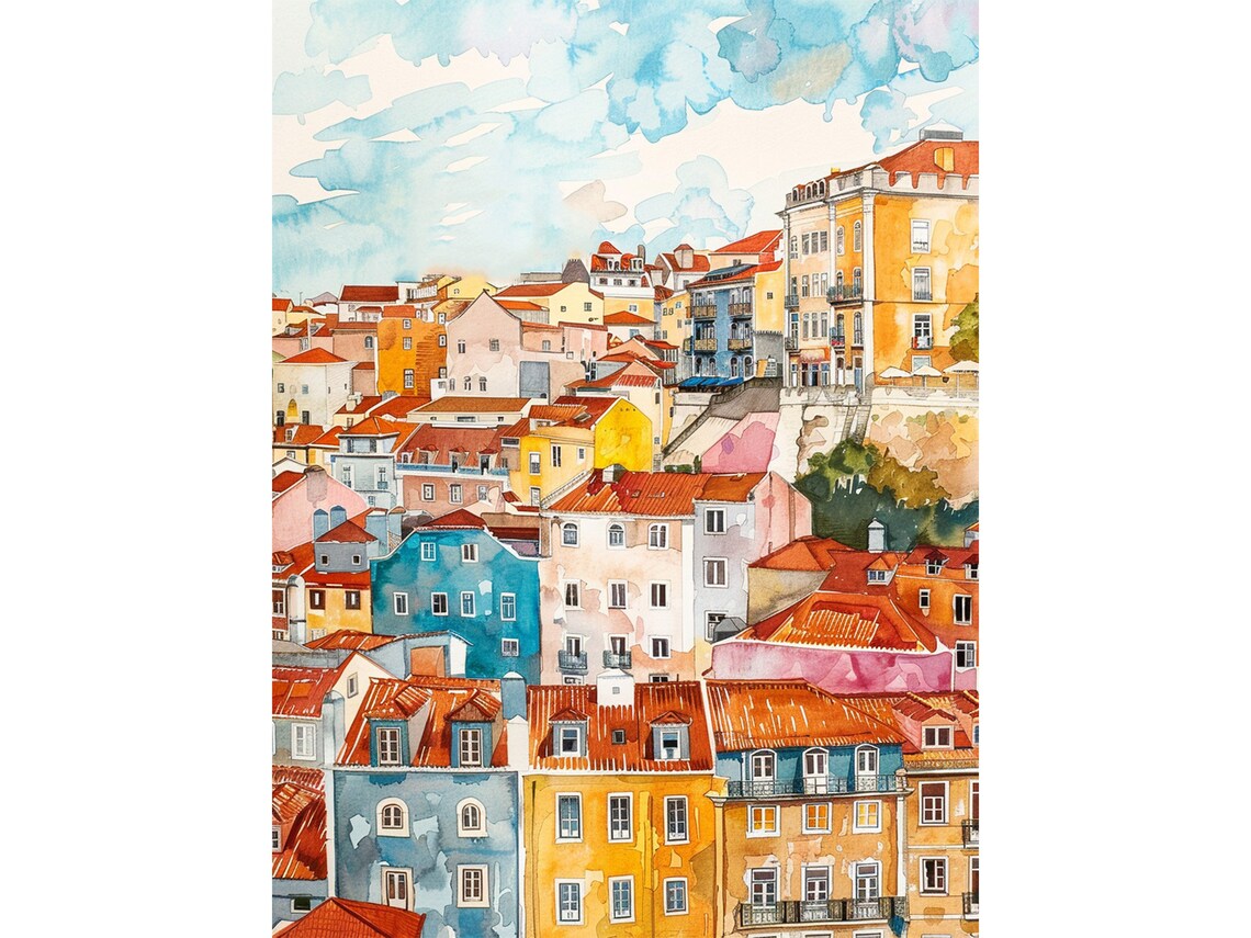 Lisbon Colorful Hillside Houses Watercolor Portugal Travel Poster