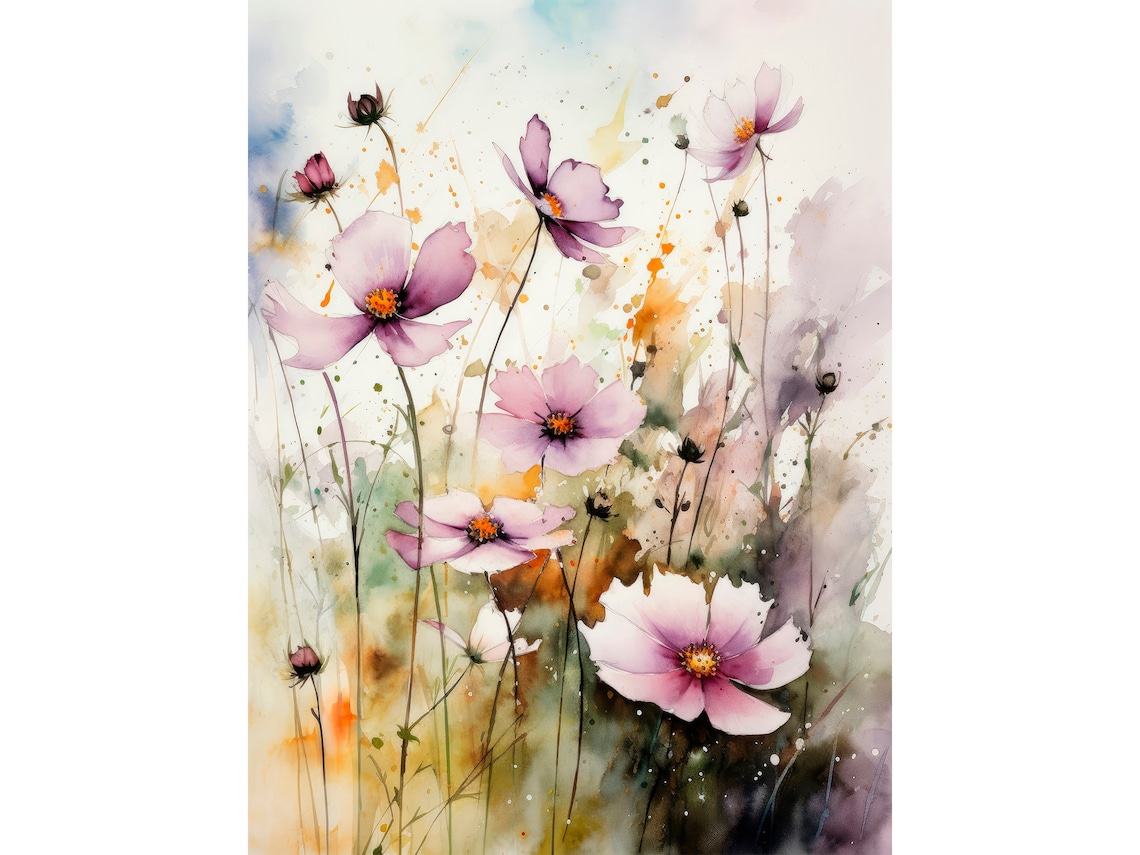 Pink Cosmos Wildflowers Meadow Watercolor Floral Scene Poster