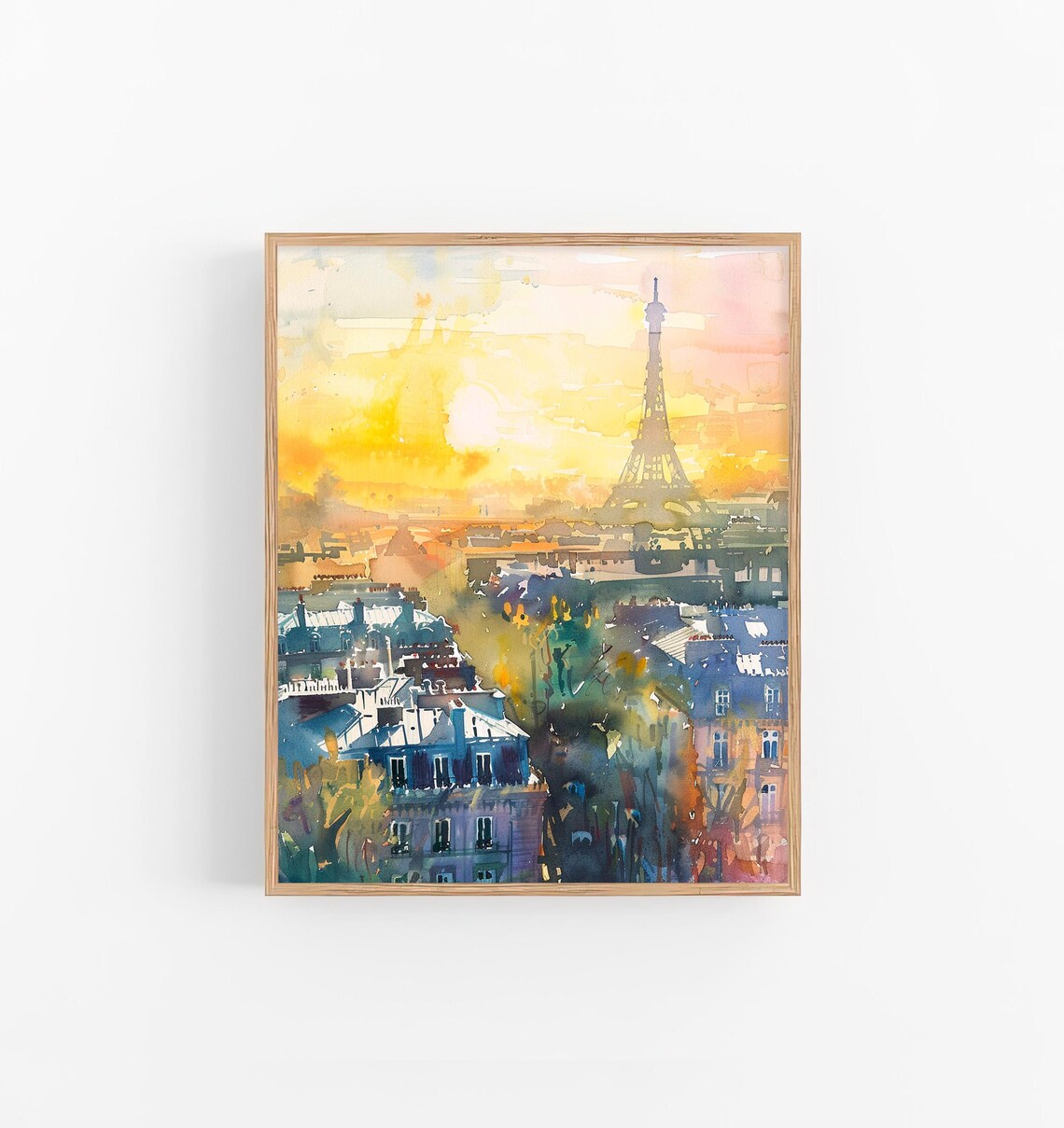Eiffel Tower Paris Golden Sunset Rooftops Watercolor Travel Poster