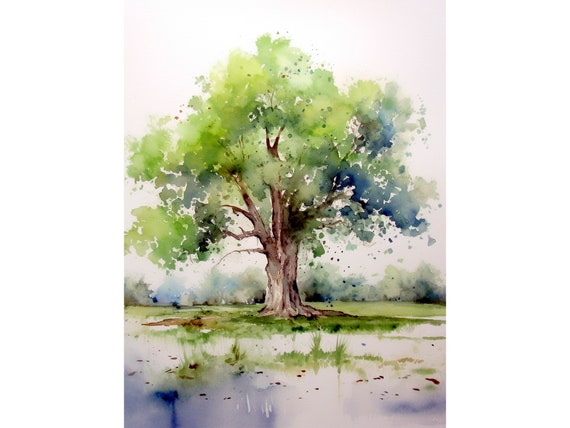 Oak Tree Watercolor Art Print Louisiana Forest Painting Abstract Artwork Farmhouse Wall Art