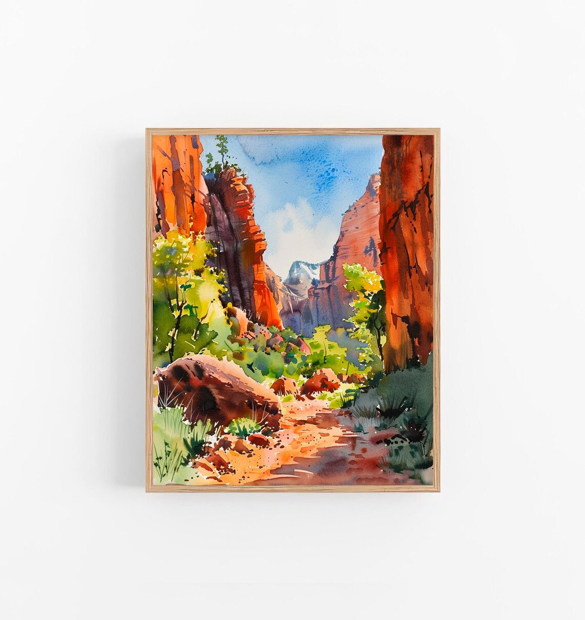Stunning Zion Utah Red Rock Canyon Sunlit Trail Watercolor Poster