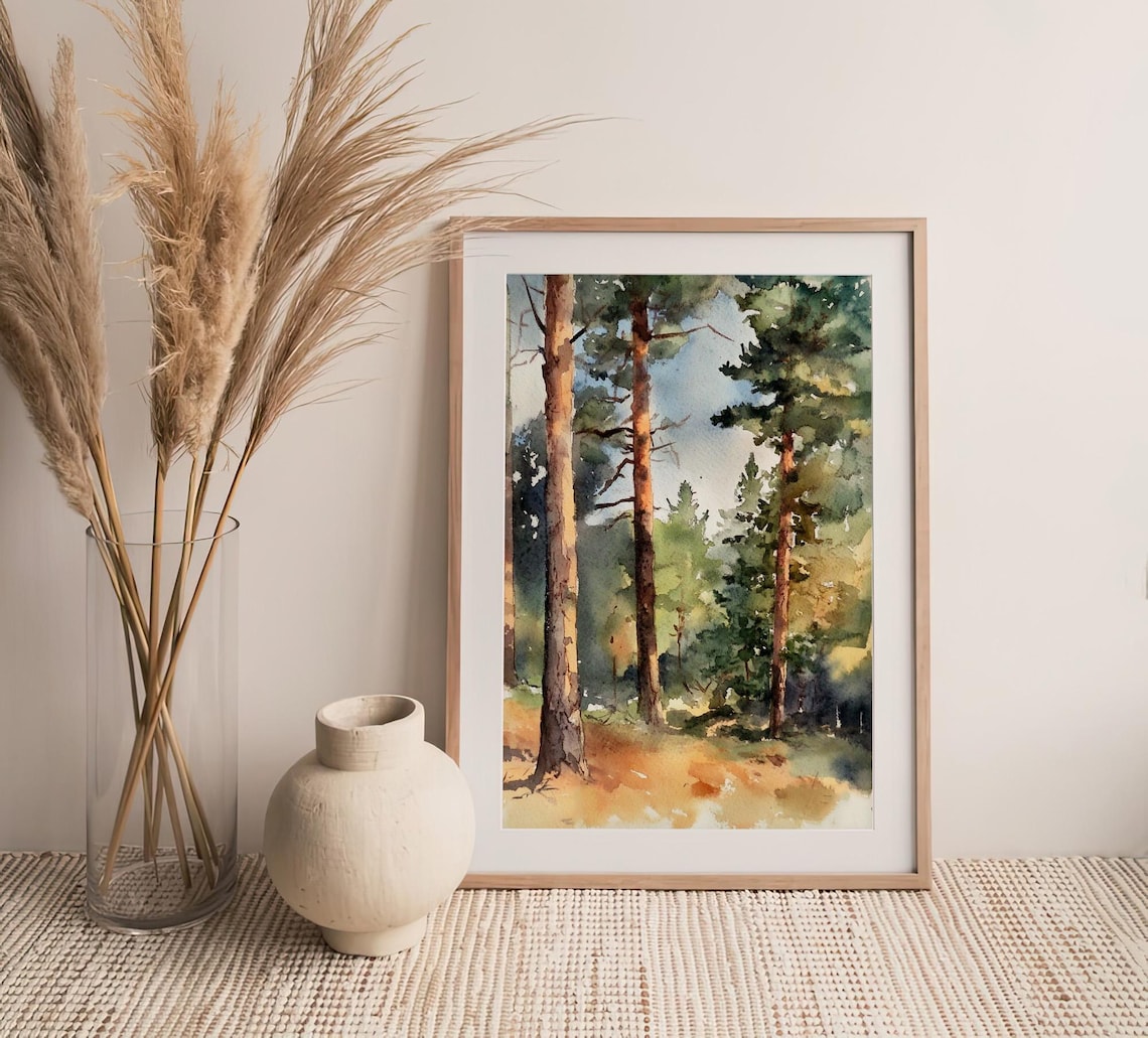 Sunlit Pine Forest Watercolor Trees Nature Woodland Art Poster - Image 4