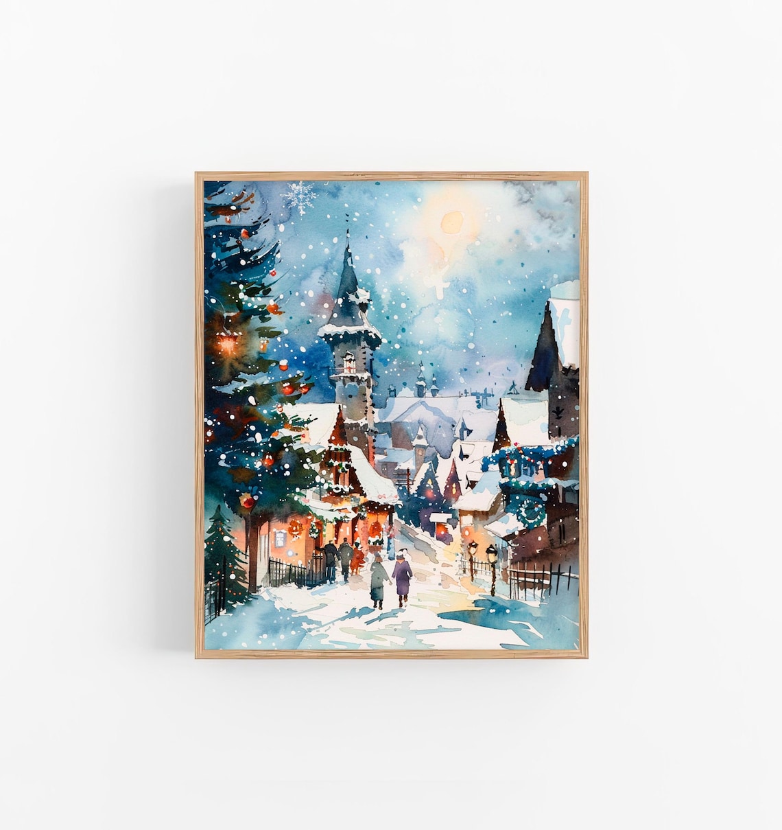 Snowy Christmas Village Church Moonlight Watercolor Holiday Poster