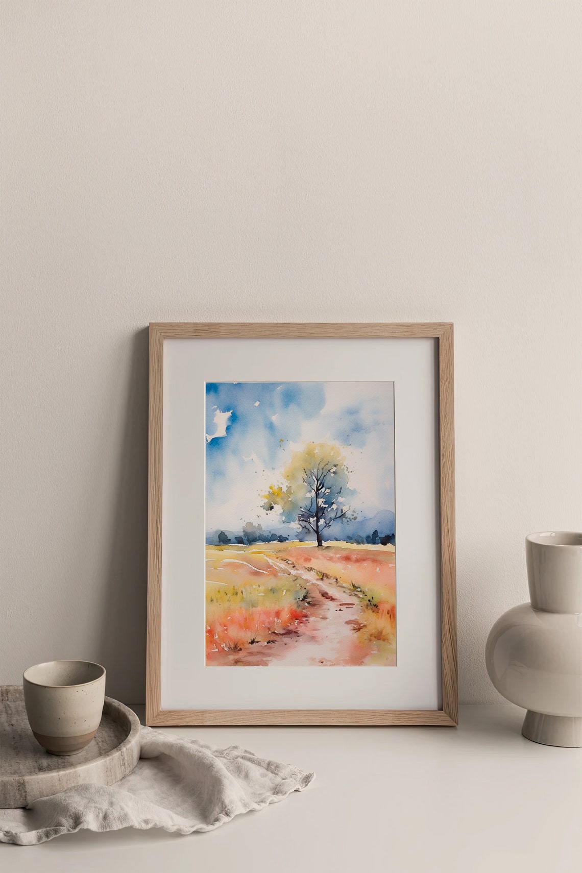 Oak Tree Watercolor Lone Tree Golden Prairie Autumn Field Poster - Image 4