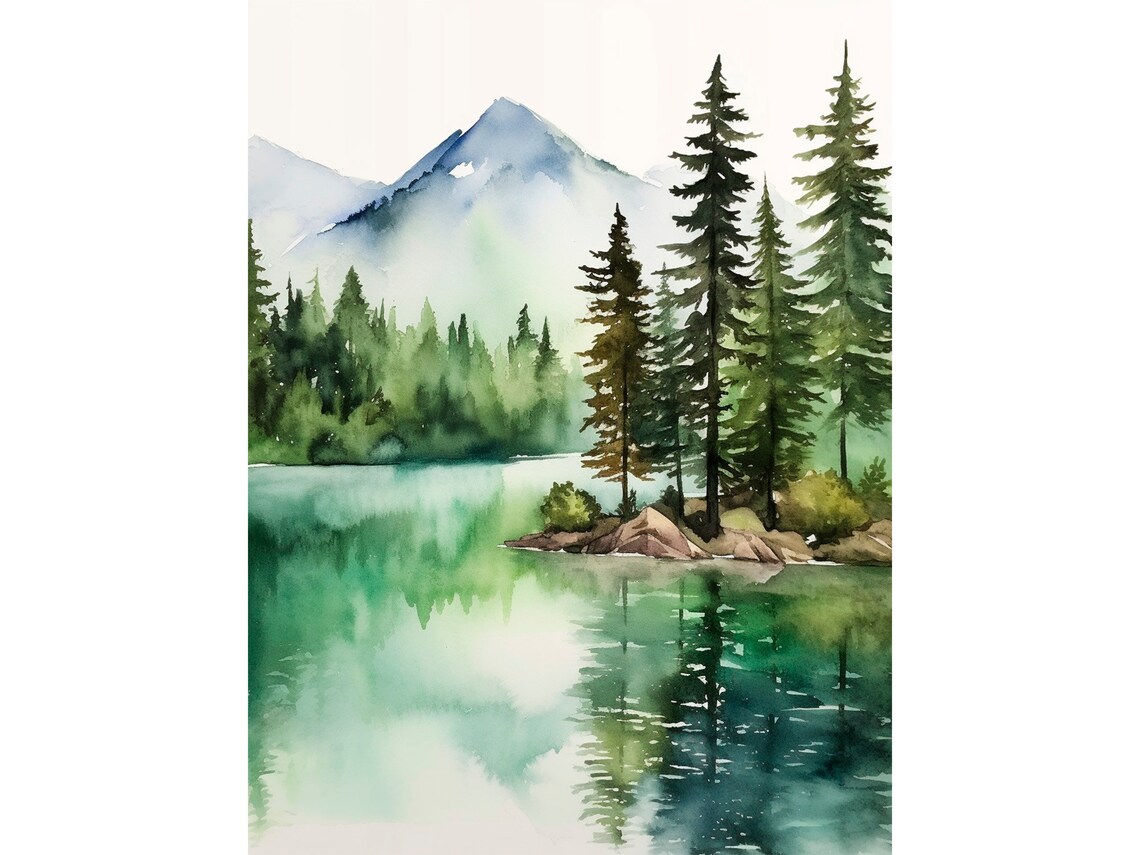 Tahoe Lake Watercolor Art Print, Foggy Mountain Scene