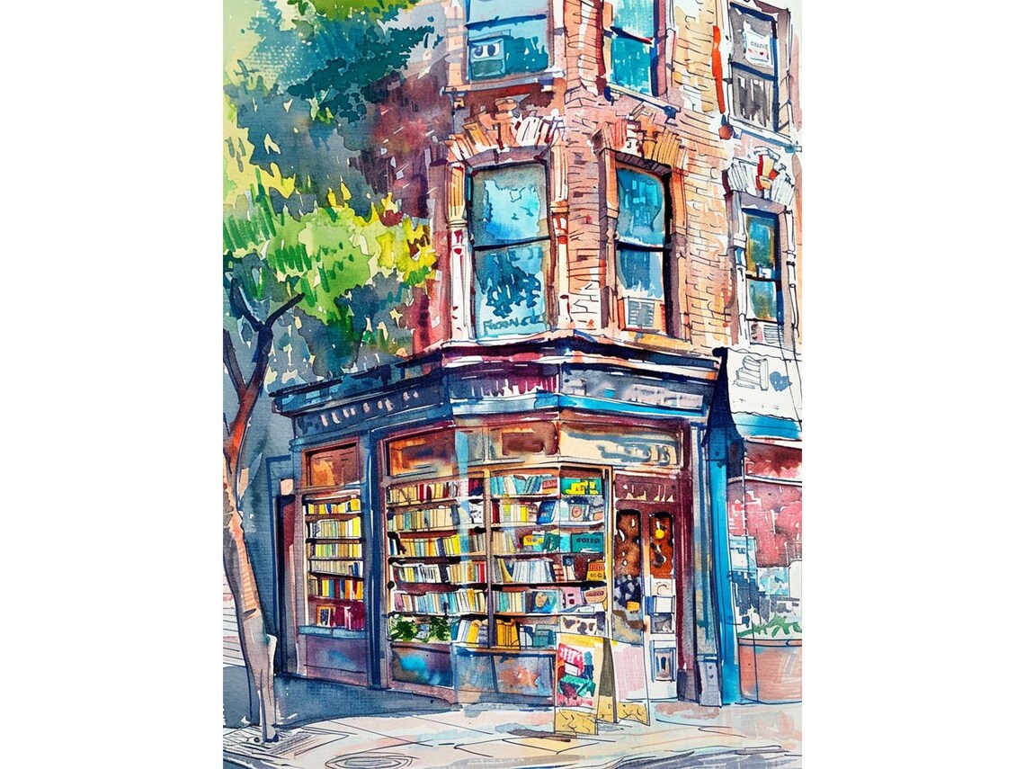 Corner Bookstore Brick Building Watercolor City Street Art Print