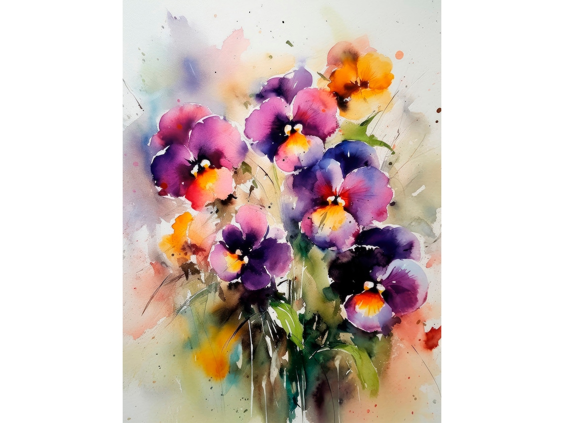 Pansy Flowers Watercolor Art Print, Meadow Artwork