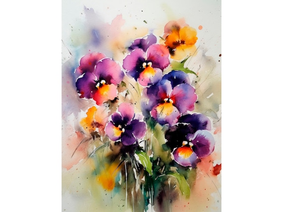 Pansy Flowers Watercolor Art Print, Meadow Artwork