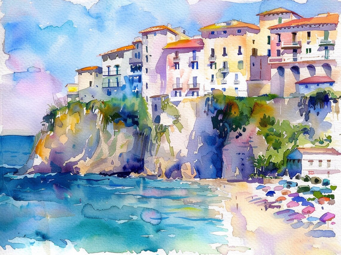 Calabria Tropea Beach Watercolor Art Print, Italy