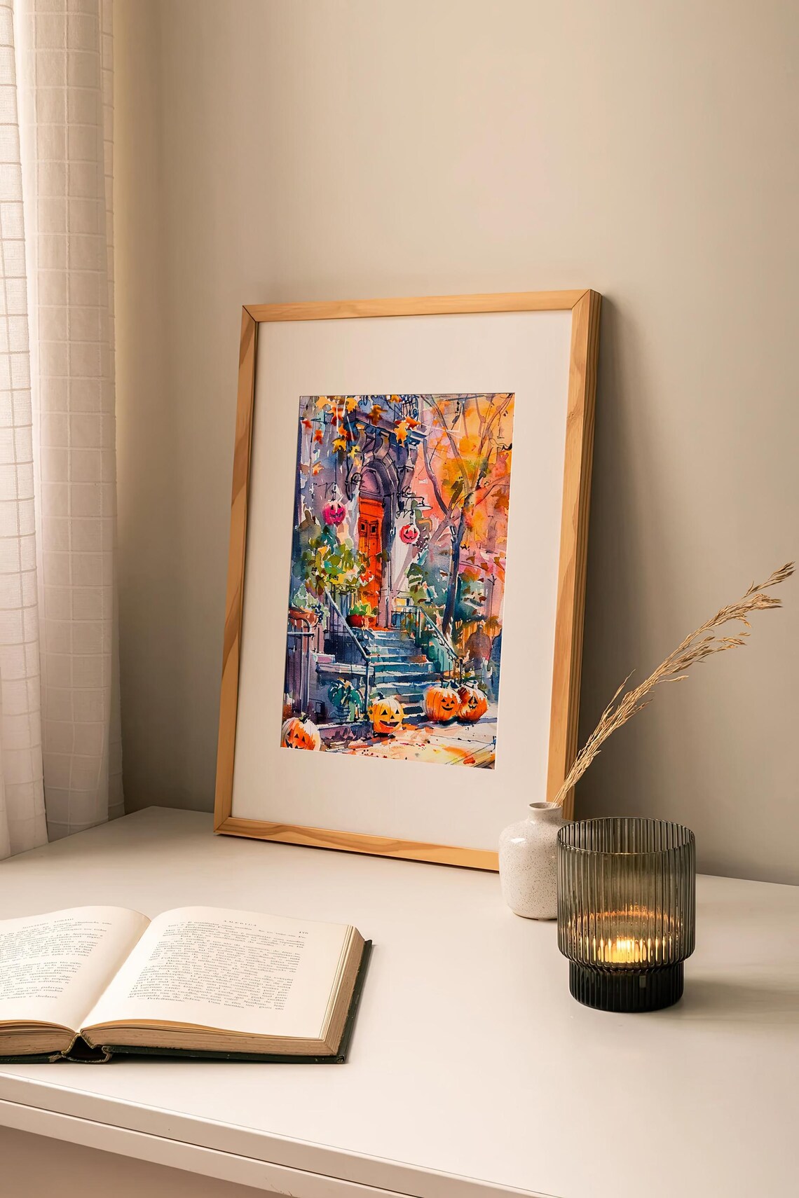 Halloween Brownstone Stoop Jack O Lanterns Autumn Watercolor Poster - Image 2