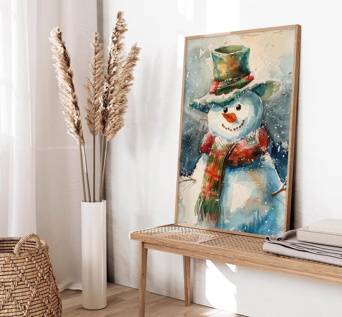 Snowman Watercolor Christmas Art Print, Holiday Decor - Image 2