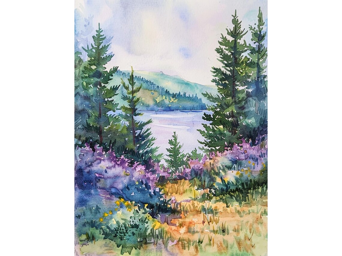 Acadia Landscape Watercolor Art Print, Pine Trees