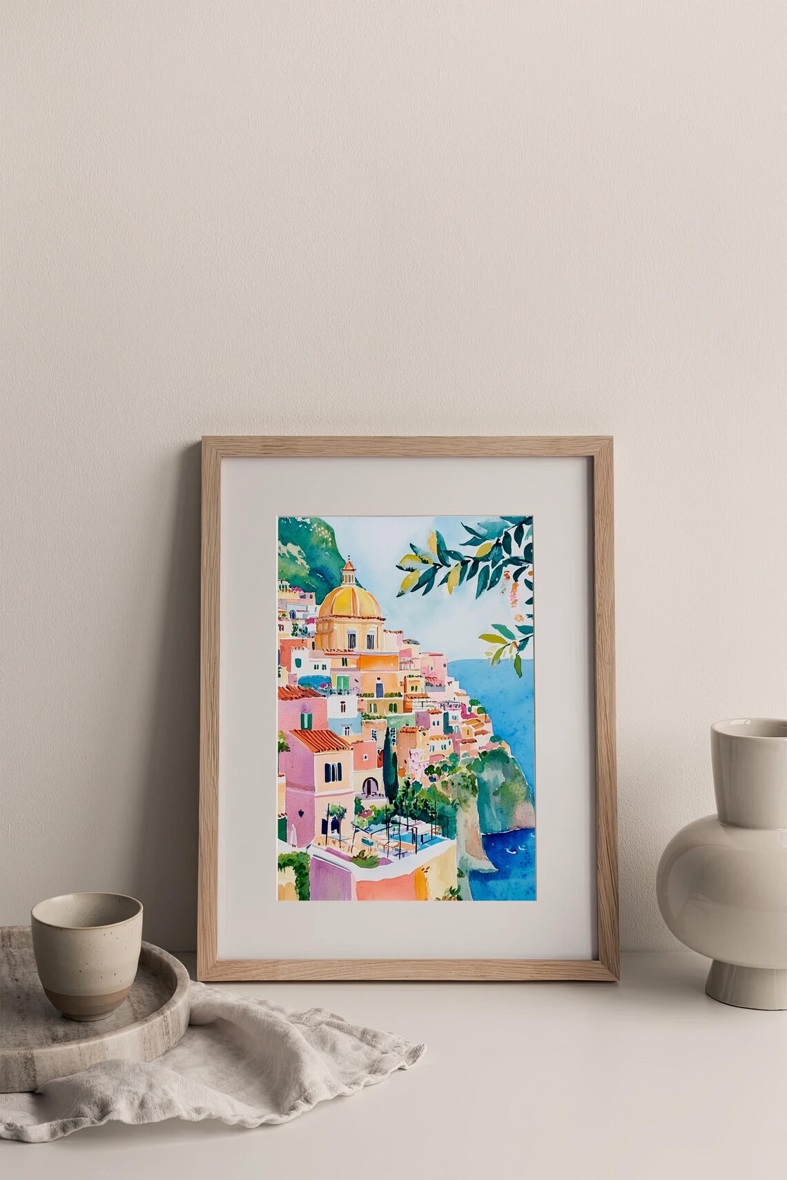 Positano Amalfi Coast Cityscape Golden Dome Watercolor Seaside Print - Image 3
