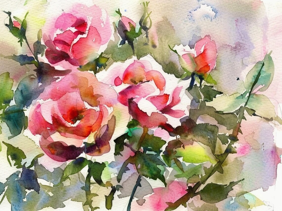 Red and Pink Garden Roses Loose Watercolor Floral Blooming Poster