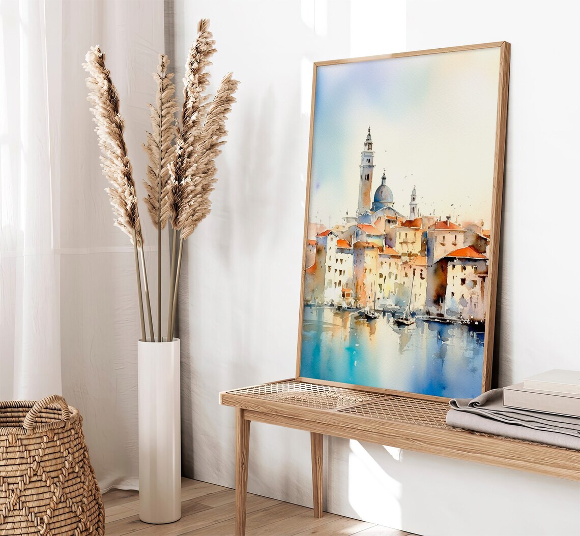 Venice Waterfront Cityscape Bell Tower Lagoon Watercolor Poster - Image 3