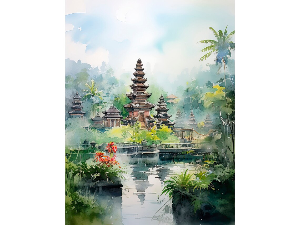 Bali Watercolor Landscape Travel Poster, Indonesia